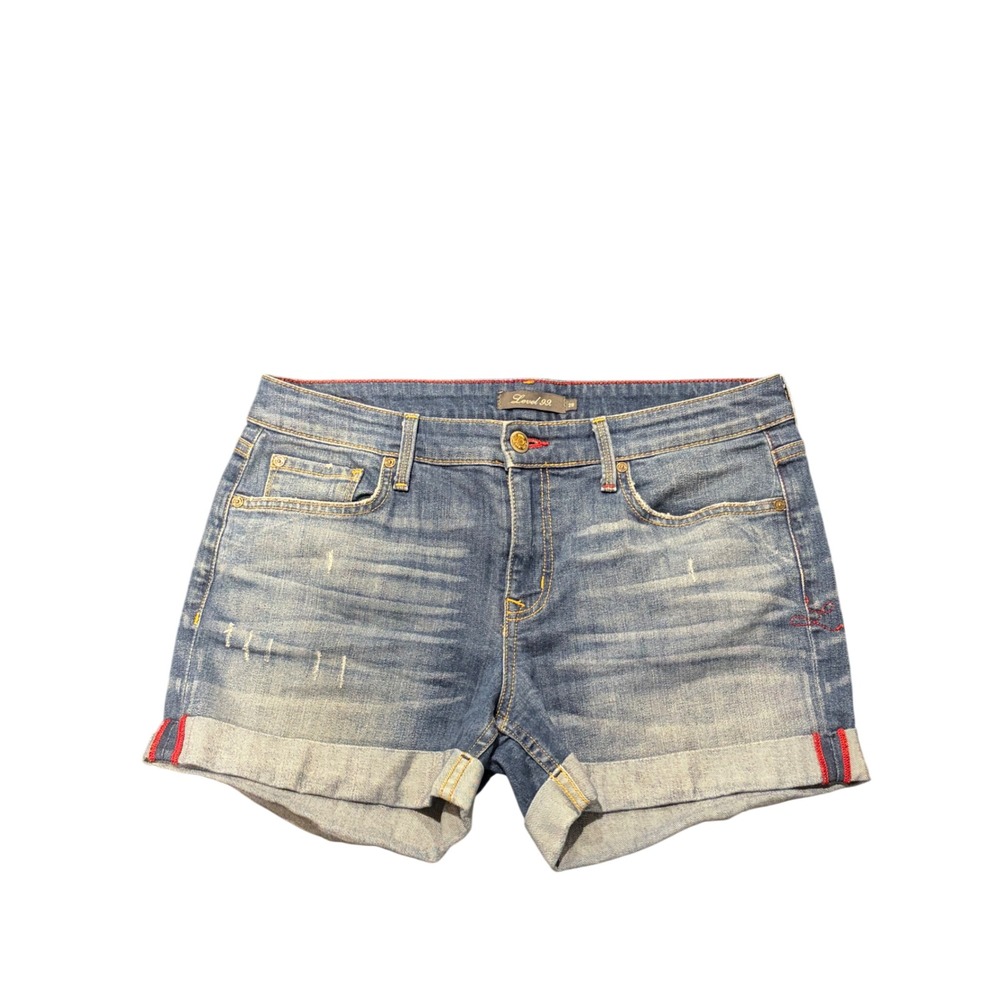 Level 99 Womens Cuffed Denim Shorts Medium Wash Blue Red Stitch Size 28